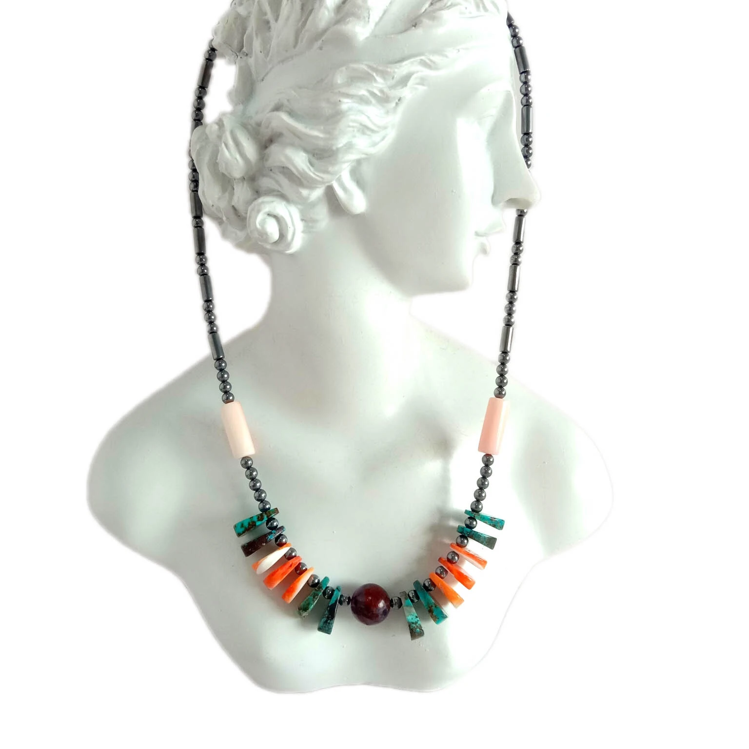 ធម្មជាតិ Turquoise hematite spiny oyster Ghost phantom quartz 925 Sterling Silver Necklace 1