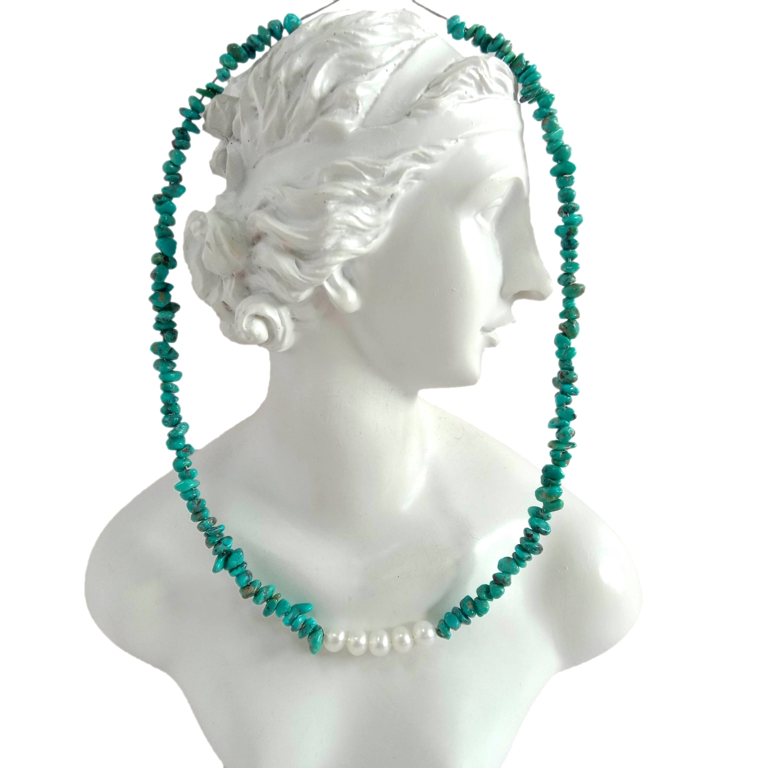 Natural Turquoise and 6mm white pearl Bead 16inch necklace 1