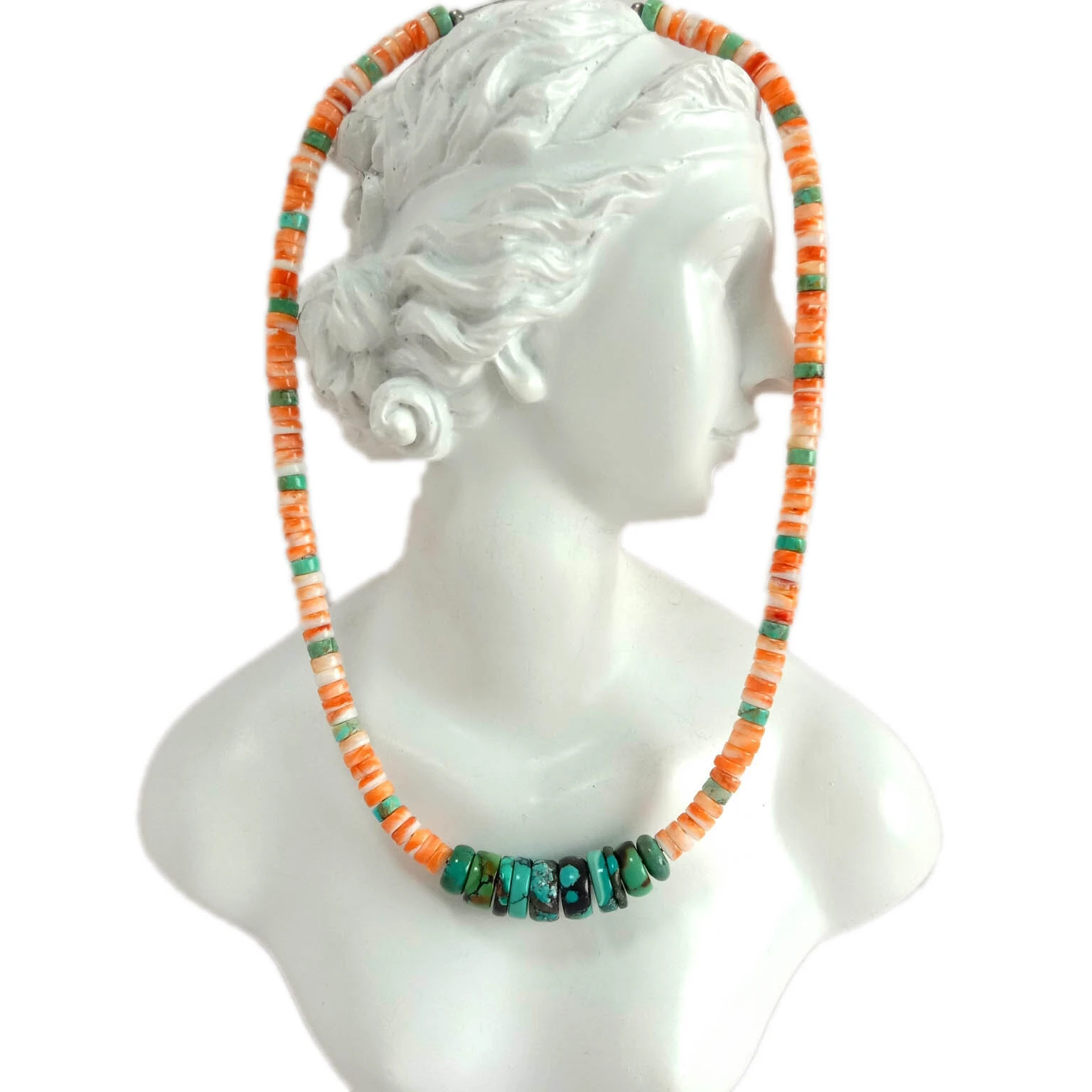 Natural Handmade blue Turquoise and orange spiny Beads  Necklace 1