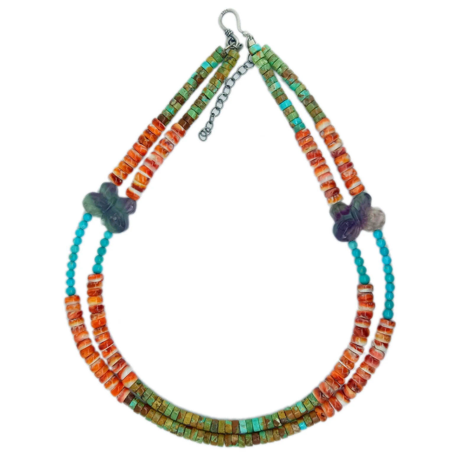 Natural Turquoise and spiny two Stranded 925 Sterling Silver necklace 1