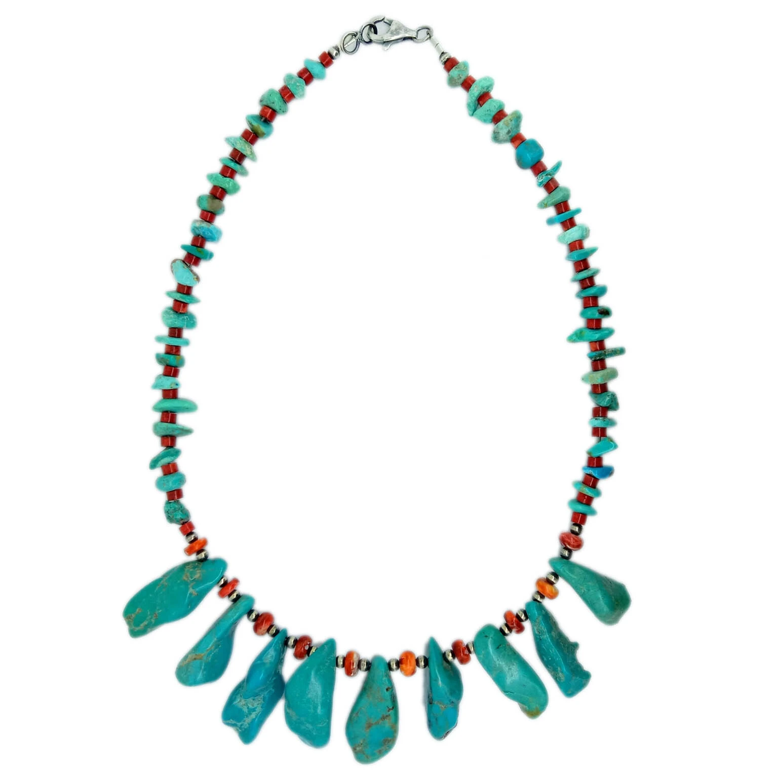 Kingman Turquoise Spiny Oyster Necklace 925 Sterling Silver និរតីព្យាបាល ខ្សែកត្បូងពេជ្រទំនើប 1