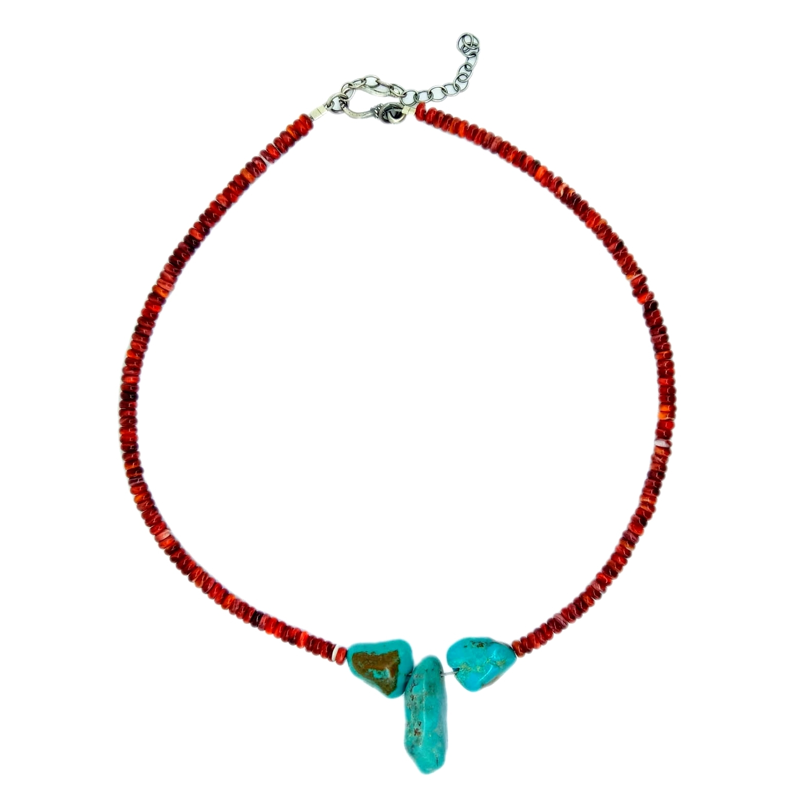 925 Sterling Silver red Spiny Oyster with Natural Turquoise Bead Necklace 16 inch 1