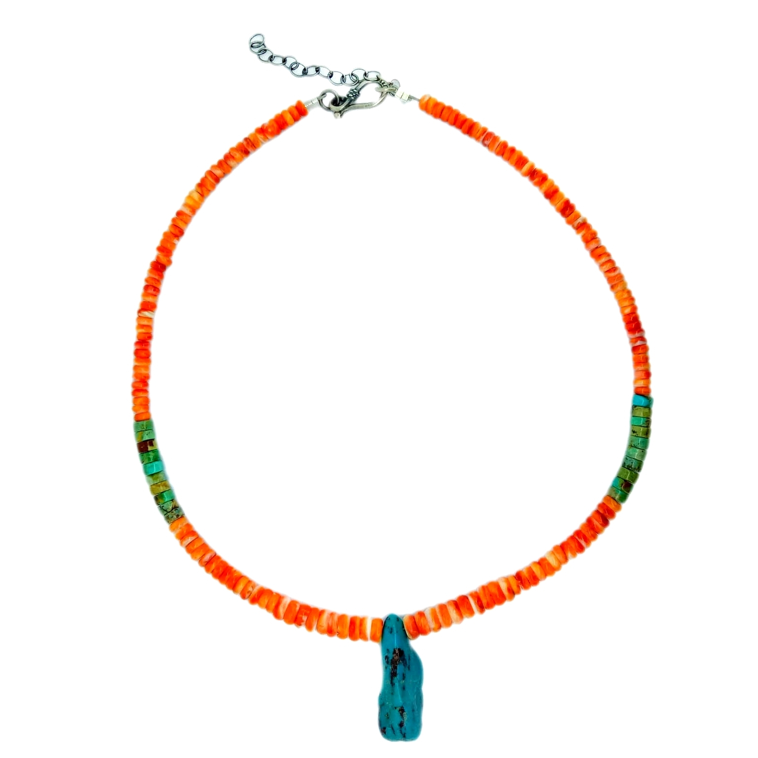 925 Sterling Silver Southwestern Style Strand Natural Turquoise and spiny Necklace with Traditional 1