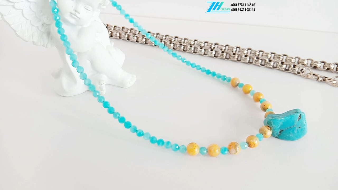 寶石珠 天然綠松石和琥珀色大黃蜂鏈 8