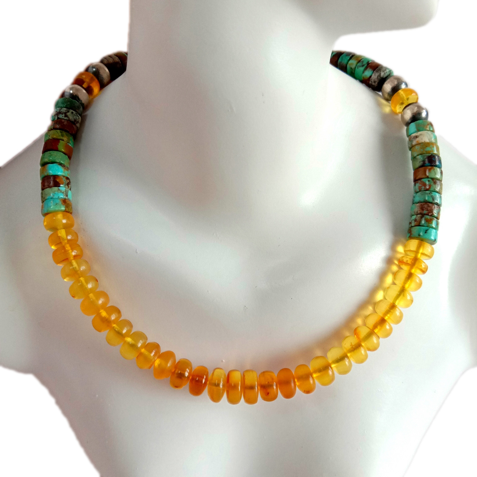 Təbii firuzəyi və kəhrəba qabığını bitirmiş mükəmməl yuvarlaq muncuq 16 düymlük iplik 15