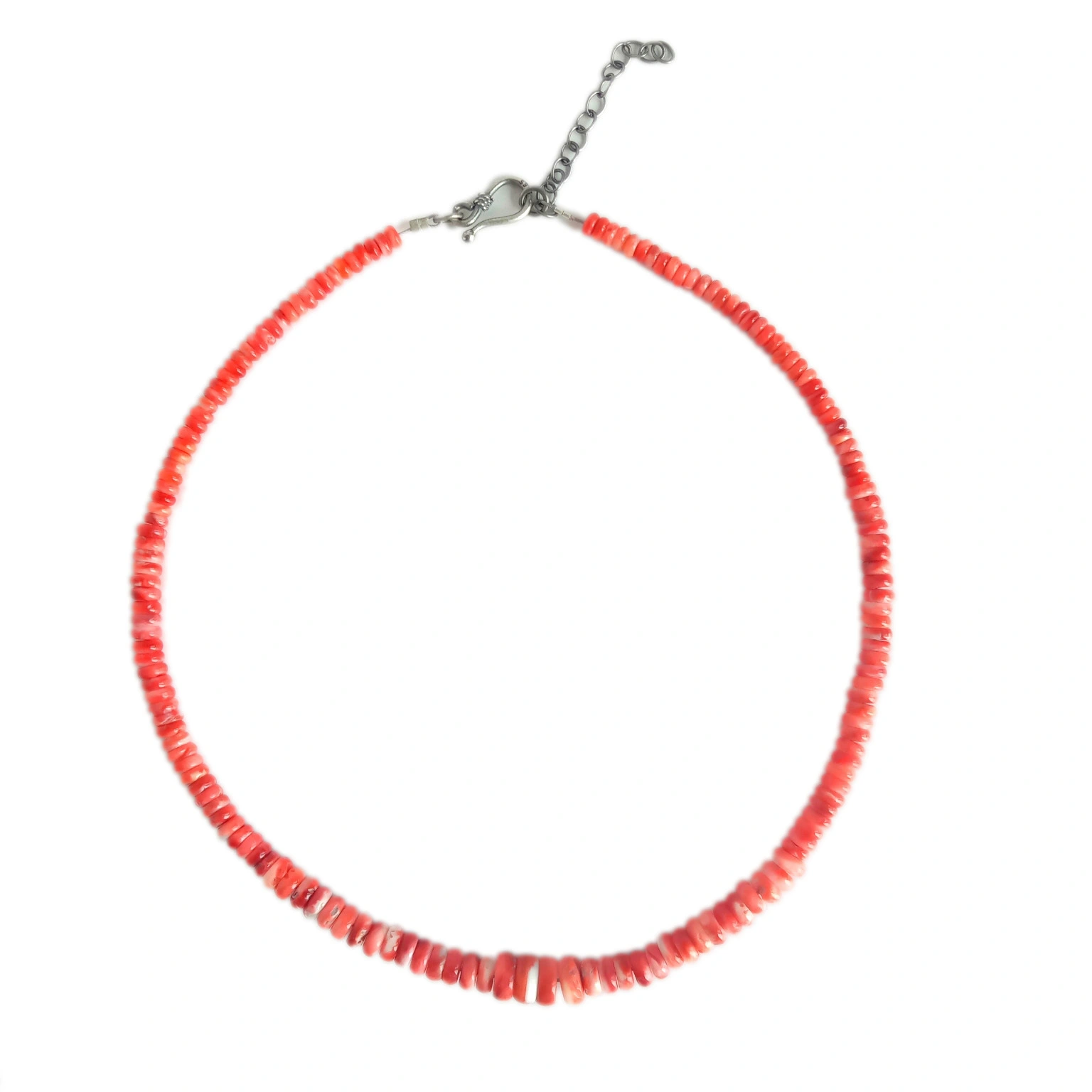 Vintage Natural red Spiny Oyster Shell  Beads Necklace 925 Sterling Silver 1