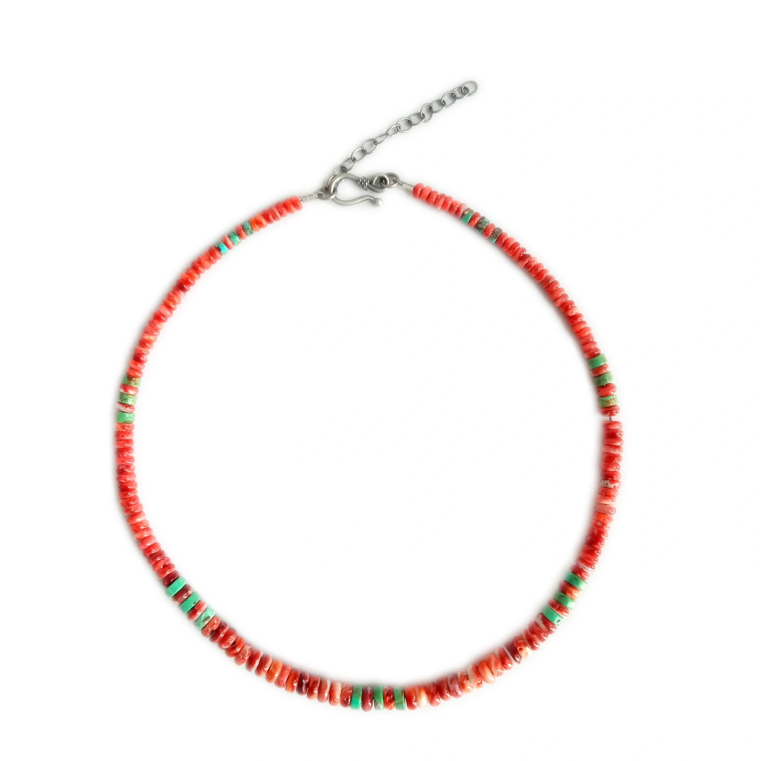 925 Sterling Silver ធម្មជាតិ Turquoise និងក្រហម spiny Smooth Beads ខ្សែក 16inch 1