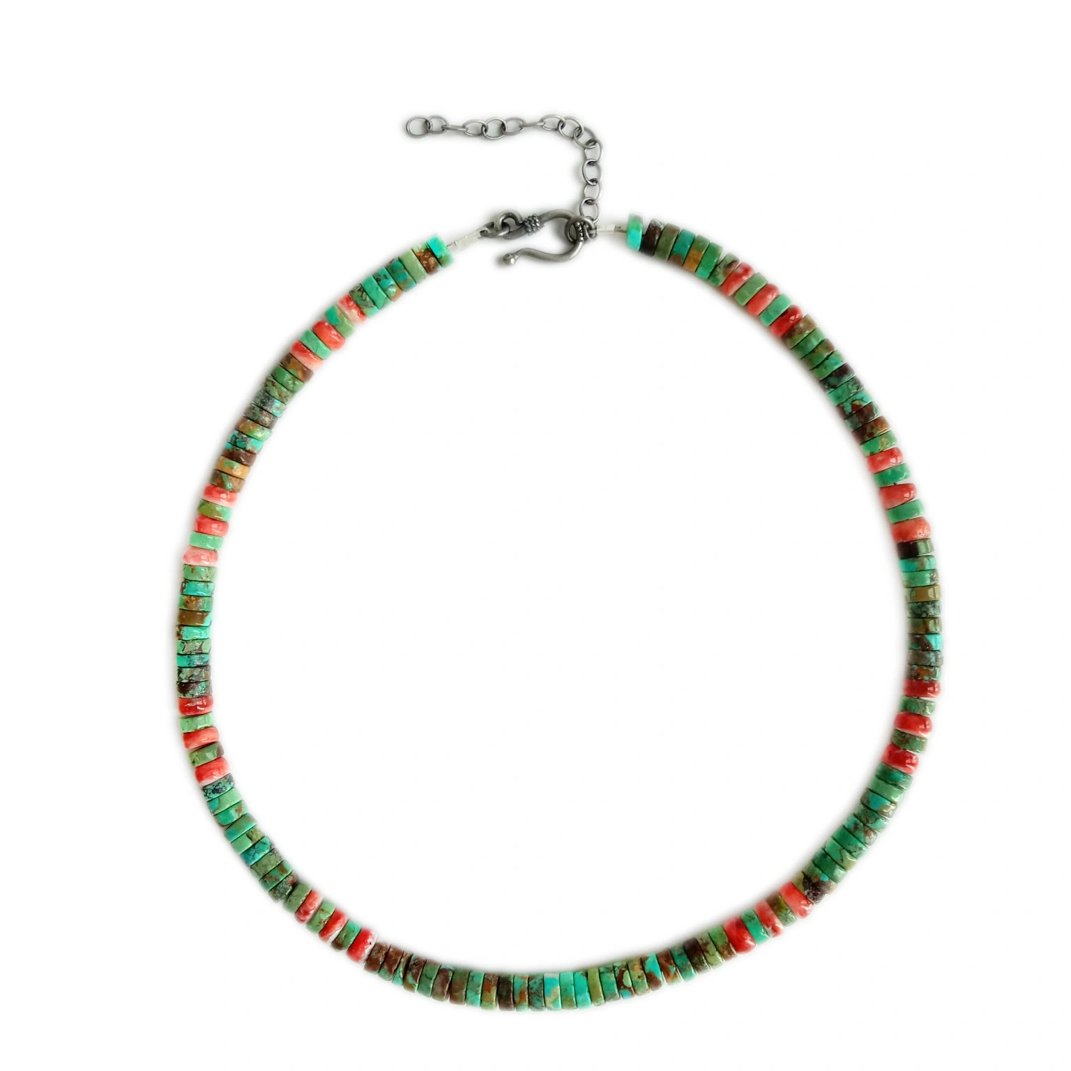 Turquoise heishi និង spiny Necklace Multi Shades 16 អ៊ីញ 925 ប្រាក់ Sterling 1