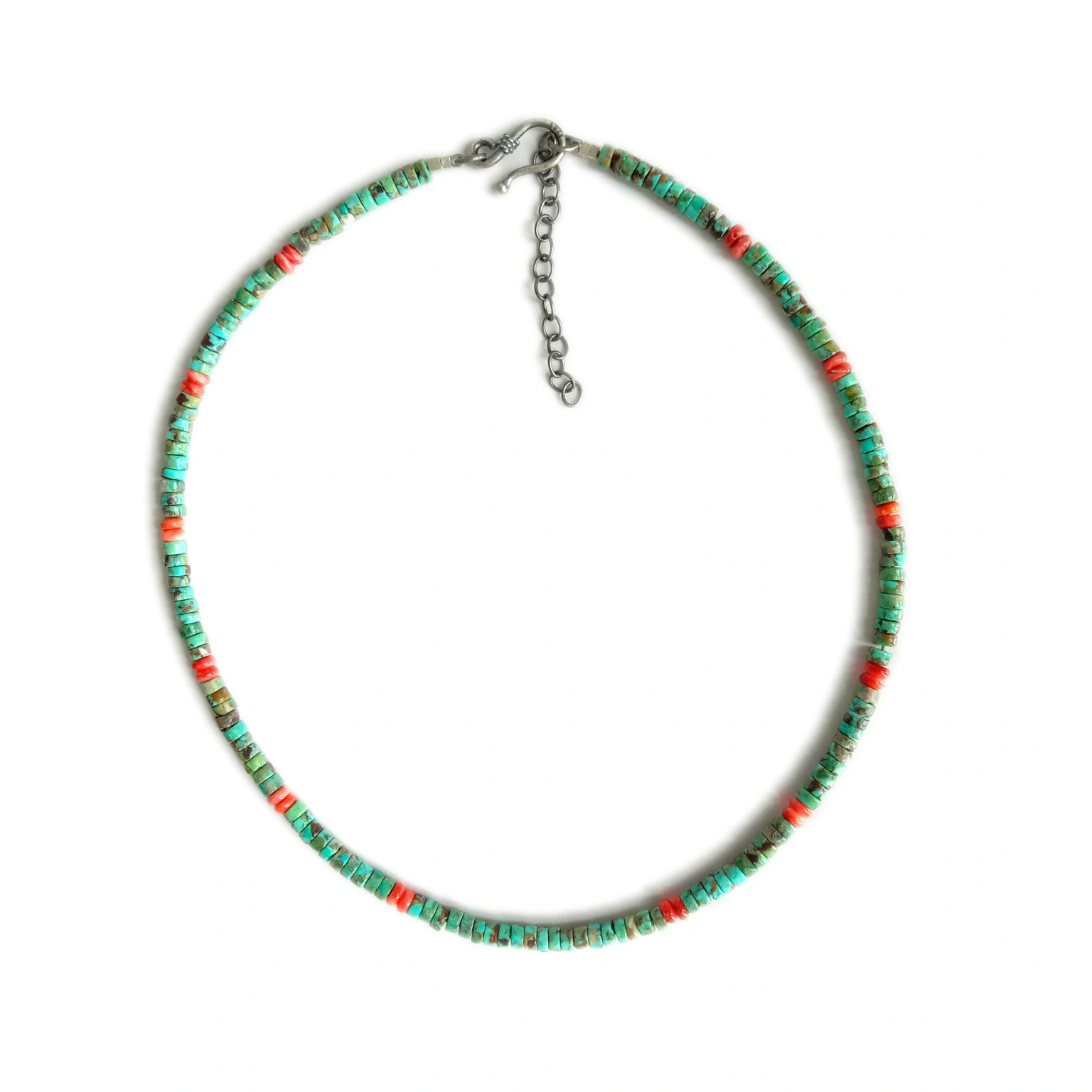 Turquoise Heishi និង Spiny Oyster Turquoise 925 Sterling Silver Necklace ខ្សែកធម្មជាតិ 1
