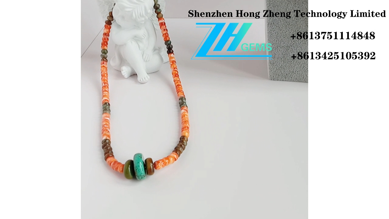 Gemstone necklace Natural Turquoise and spiny oyster 9