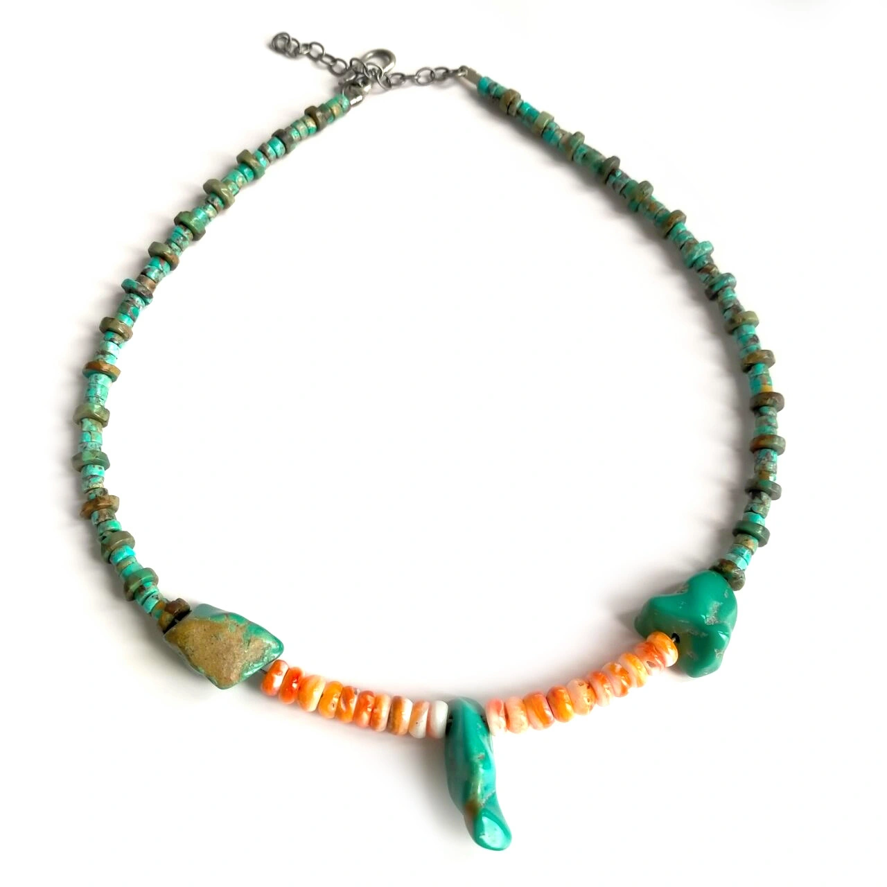 Made Genuine Heishi Turquoise and Spiny Oyster Necklace 925 sterling silver 1