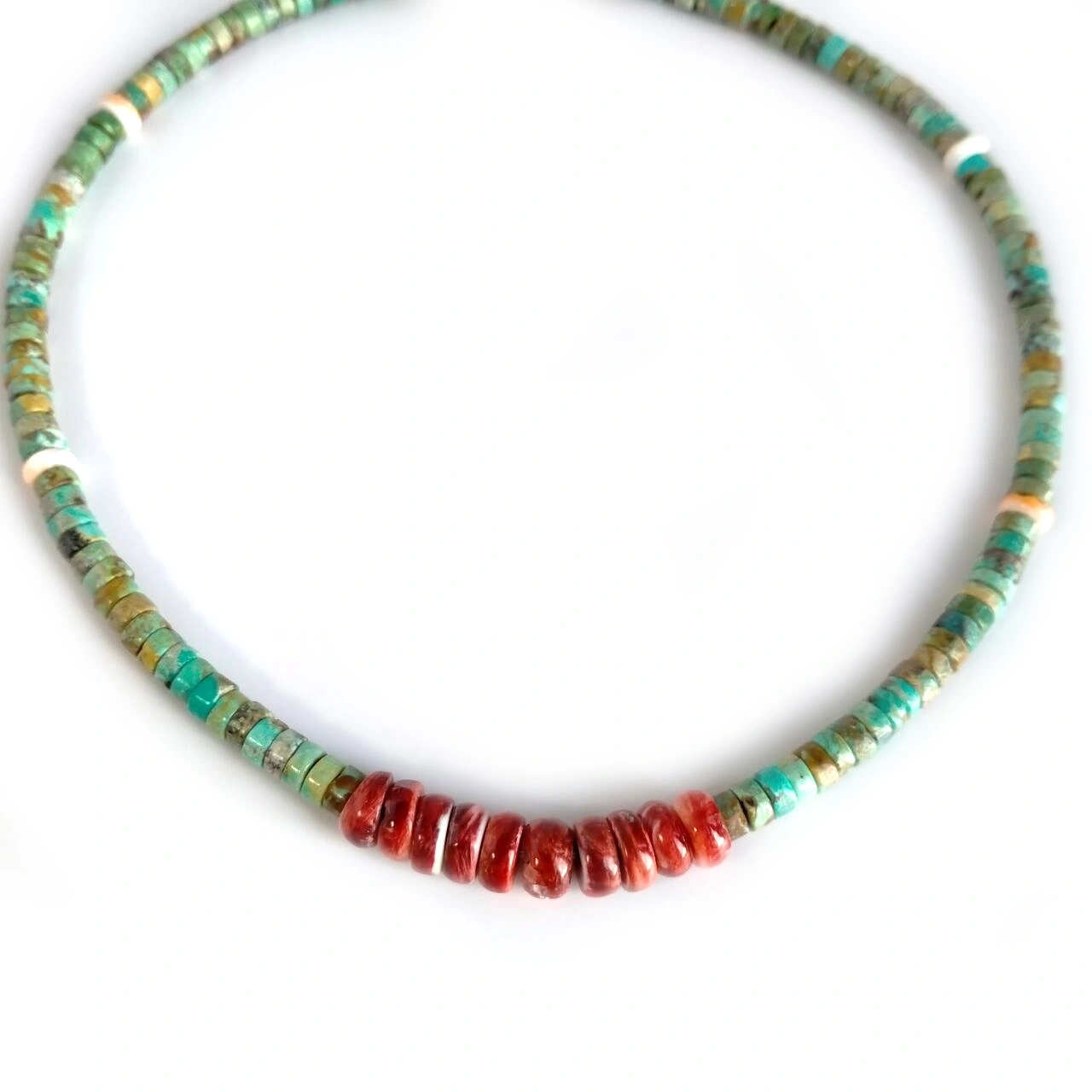 អង្កាំត្បូងទទឹម Heishi Gemstone with Spiny Oyster Beaded Necklace ធ្វើដោយដៃ 1