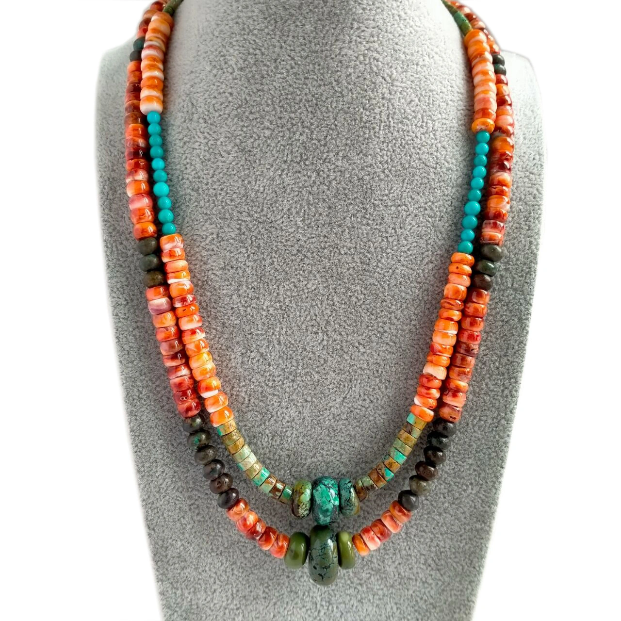 925 Sterling Silver Turquoise and Orange Spiny Oyster Beaded Necklace 1