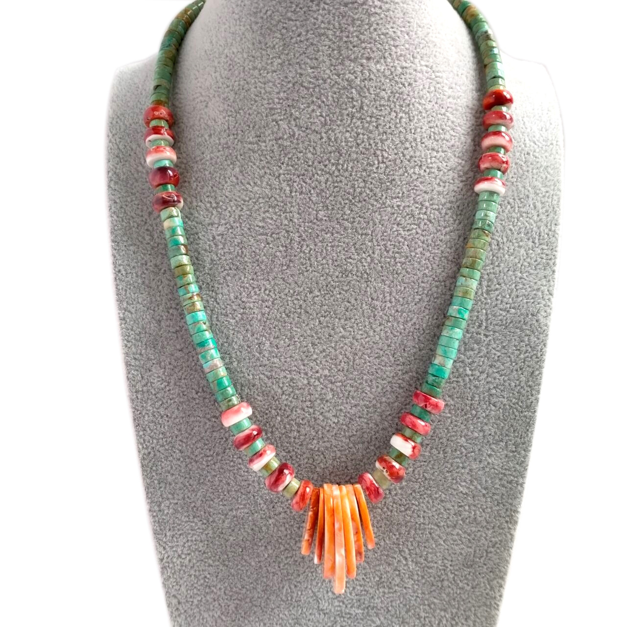 Real Turquoise Spiny Oyster Shell Graduated Rondelle Necklace 16 inch 15