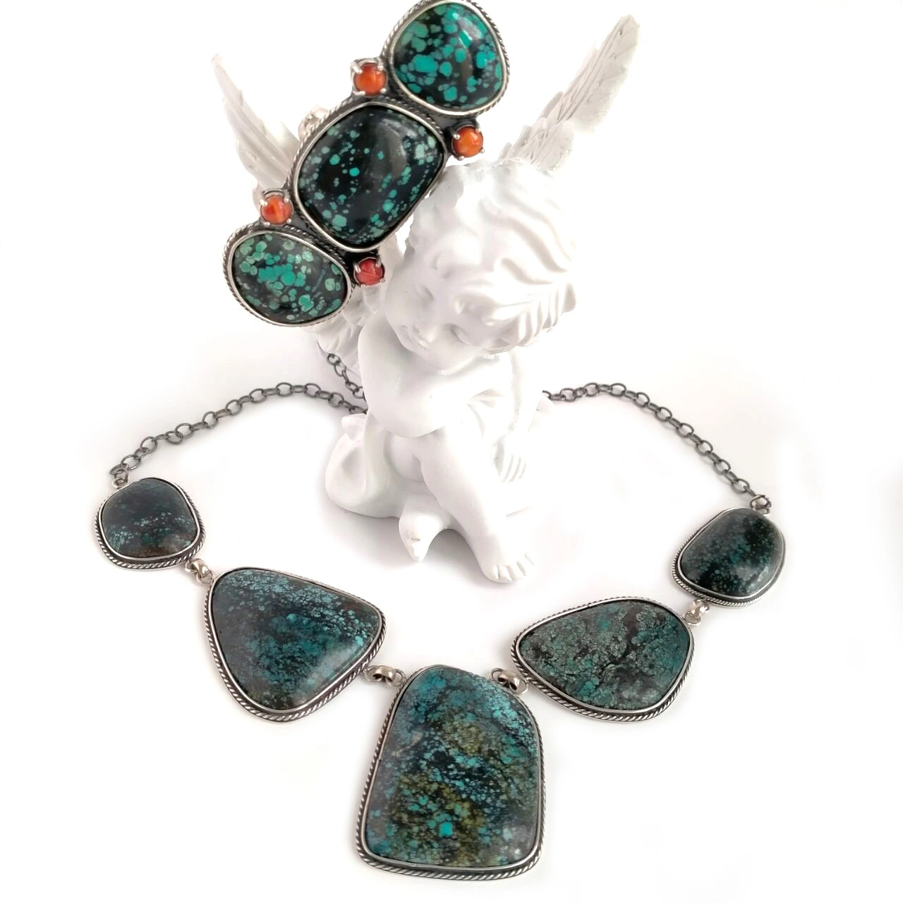 ខ្សែកប្រាក់ Sterling 925 គ្រឿងអលង្ការ Cabochon Cross Pendant ពណ៌ខៀវ 1