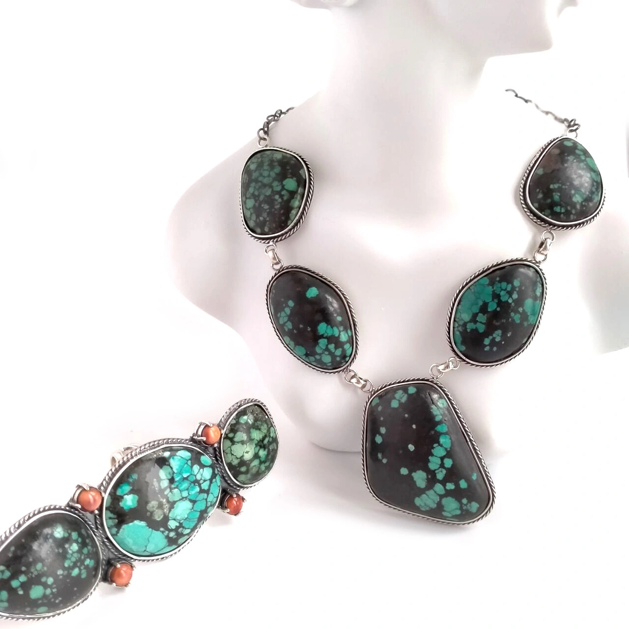 រទេះធំ ខ្សែក 925 sterling silver turquoise cabochon ធម្មជាតិ 1