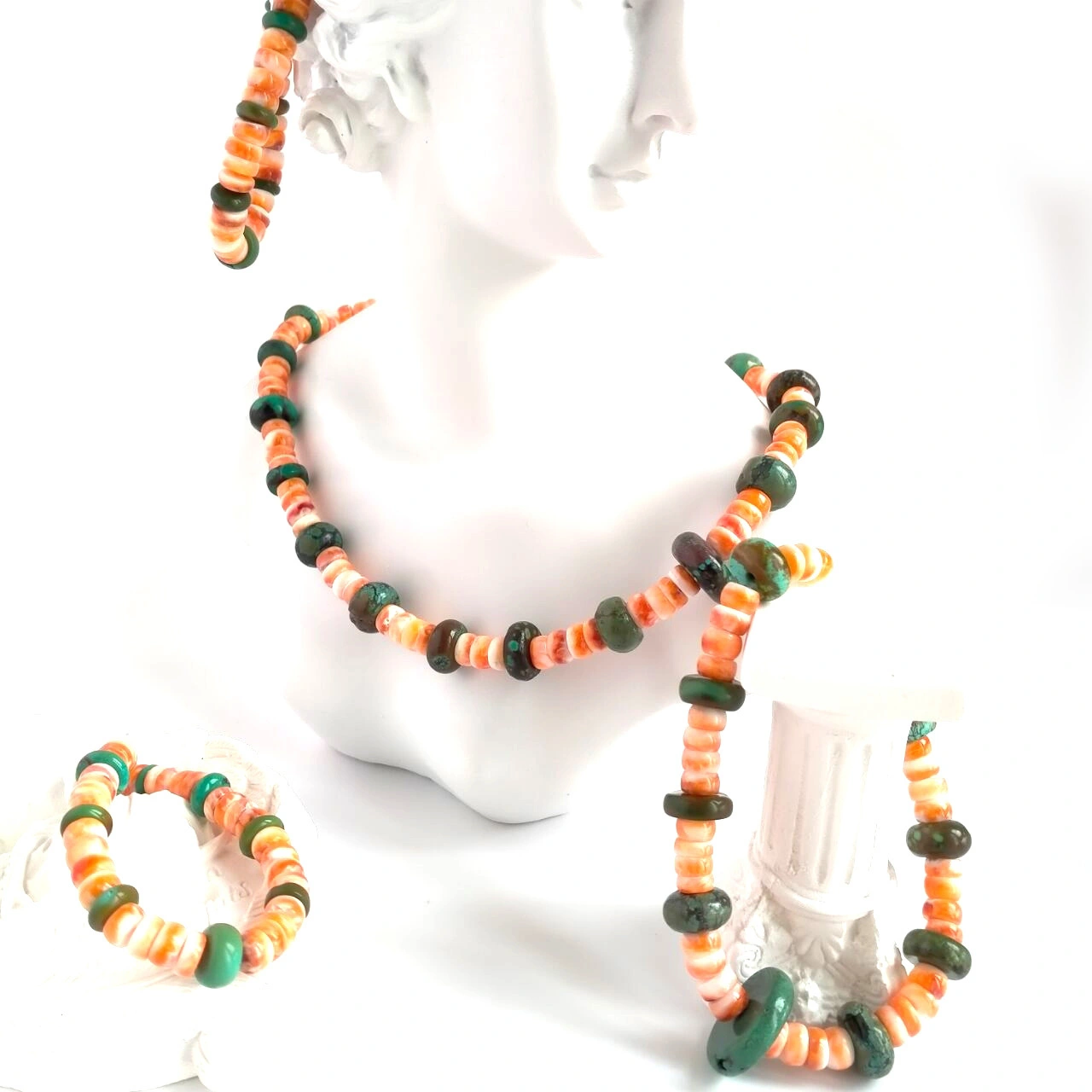Spiny Oyster and Turquoise Necklace Bracelet and Earring Set 1