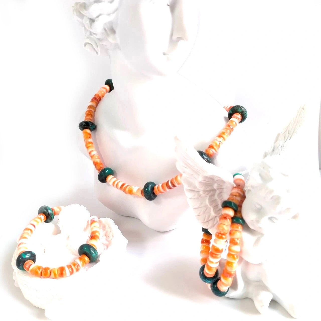 Orange spiny oyster necklace set natural turquoise beads silver 925 1