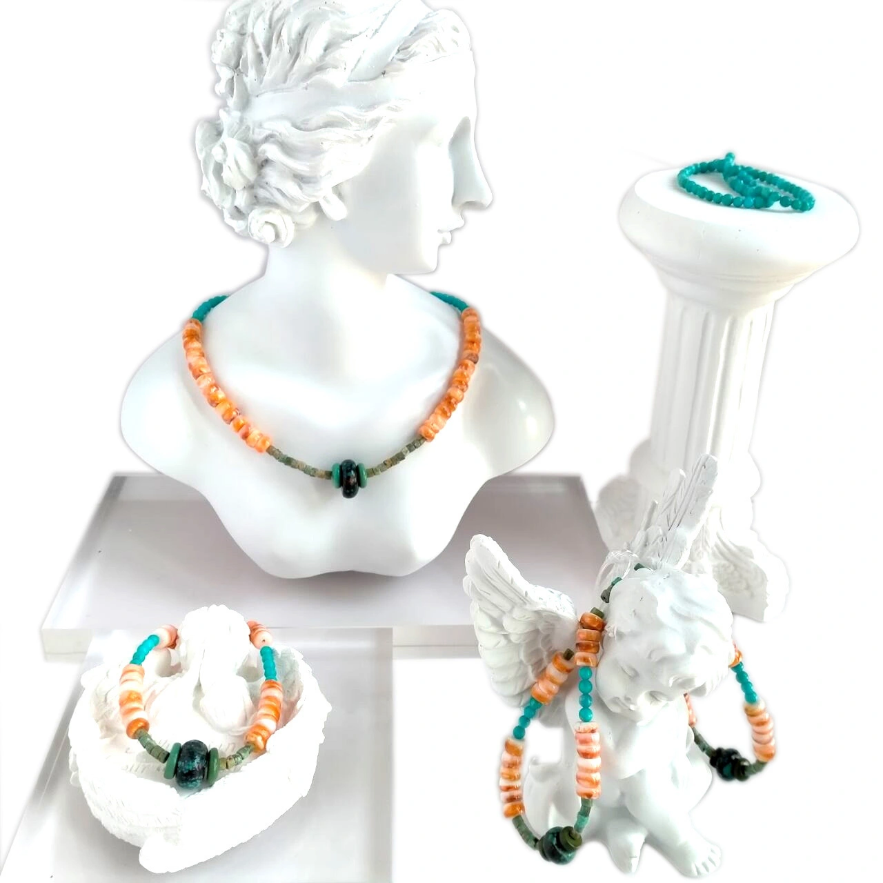 ឈុតខ្សែកក្រវិលប្រាក់ Sterling Silver Turquoise Spiny Oyster Cross Necklace 1
