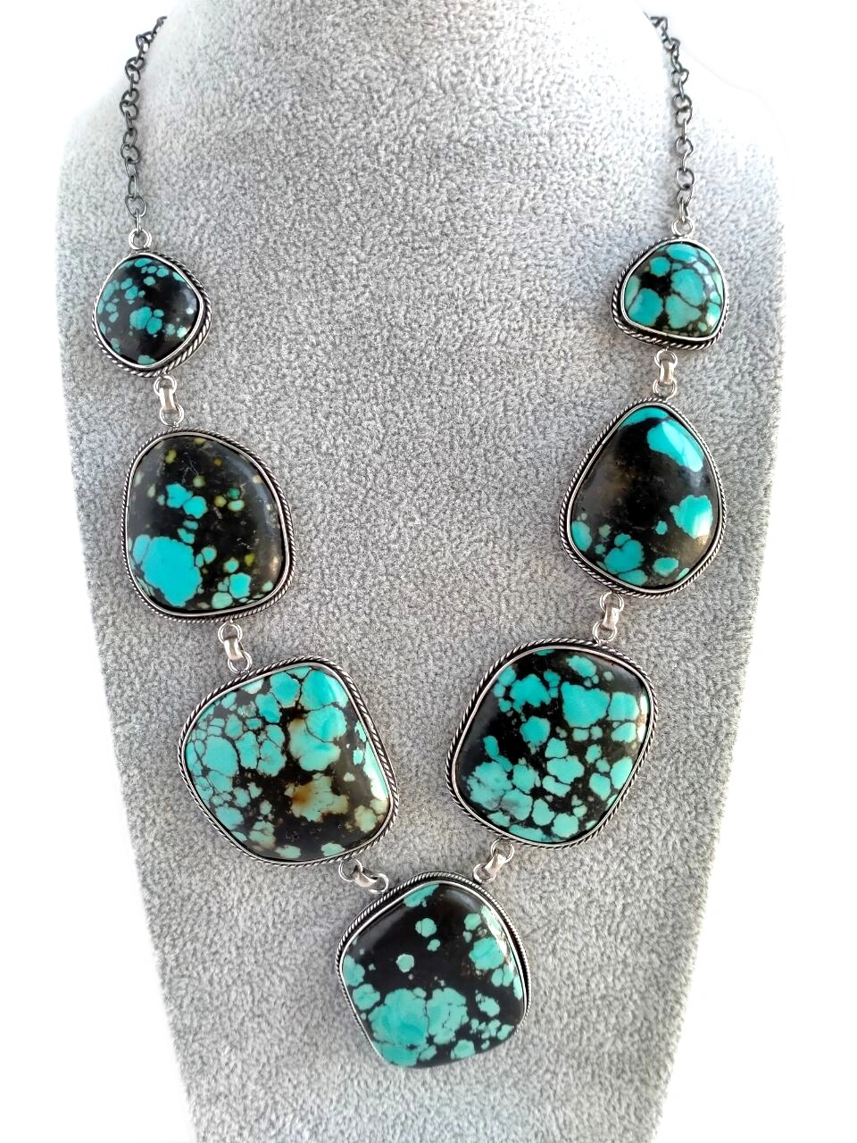 ខ្សែកពណ៌ខៀវទង់ដែង Turquoise 925 ប្រាក់ Sterling Choker Necklace ធម្មជាតិ 1