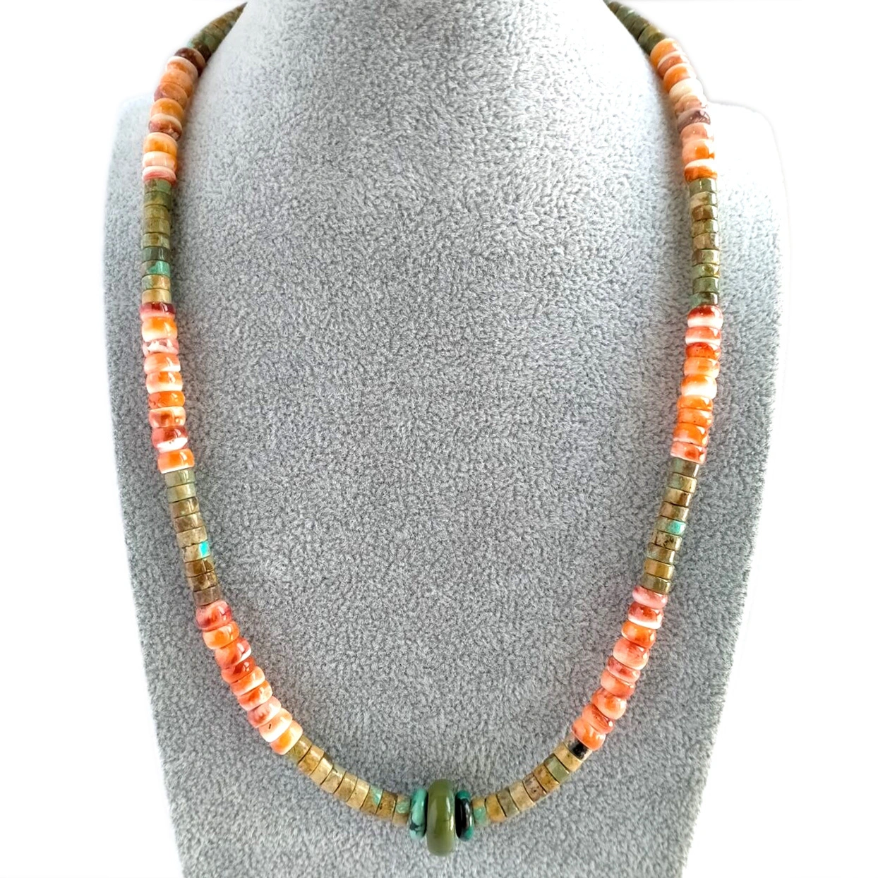 Spiny Oyster Shell with Turquoise Heishi necklace sterling silver 1