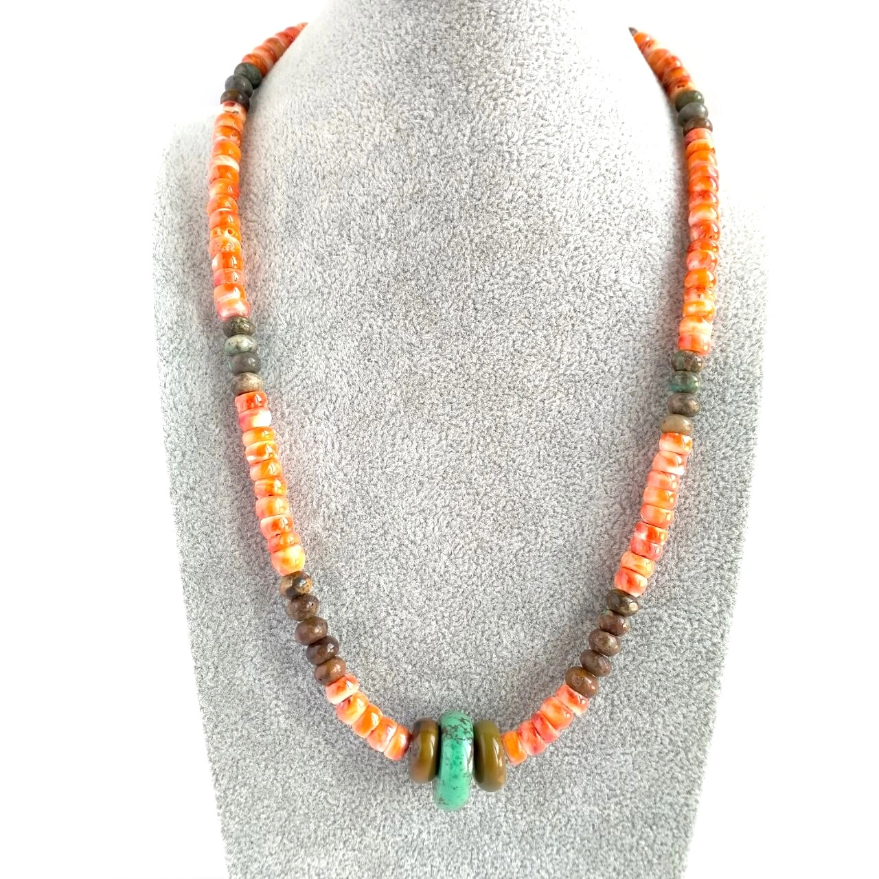 Sterling Silver Red Spiny Oyster with Turquoise Bead Necklace ១៦ អ៊ីញ 1
