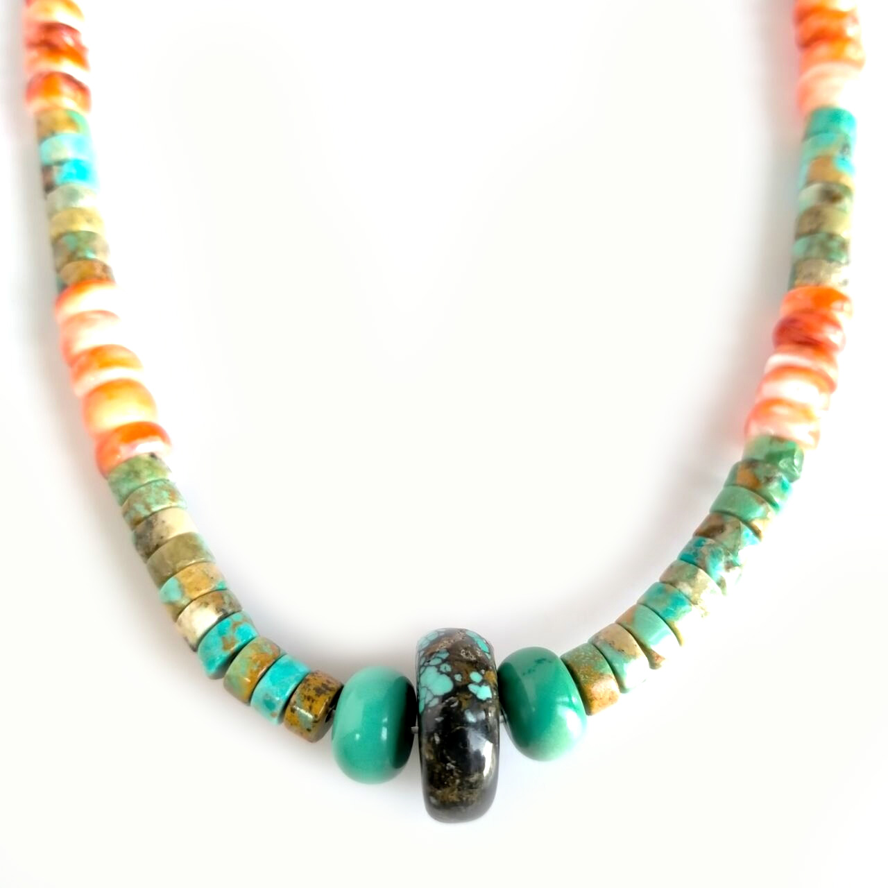 Dainty Turquoise Heishi Tube Necklace with Spiny Oyster beads 15