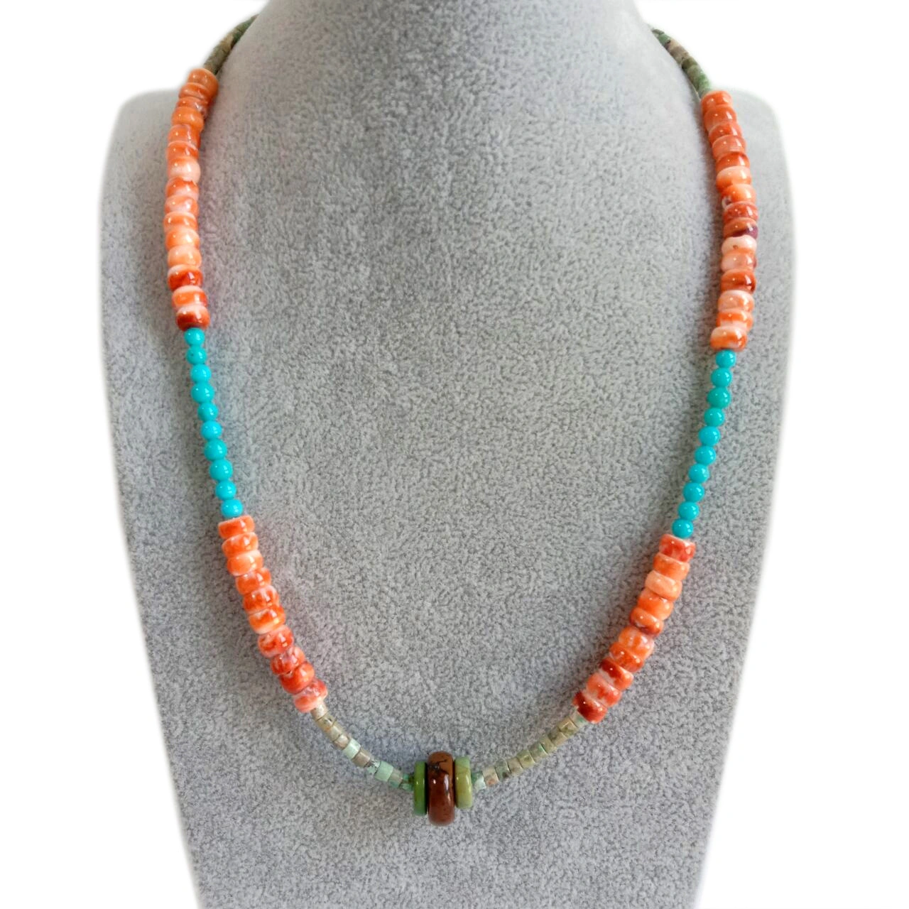 Vintage Natural Graduated Turquoise Disc Bead Spiny Oyster Necklace 1