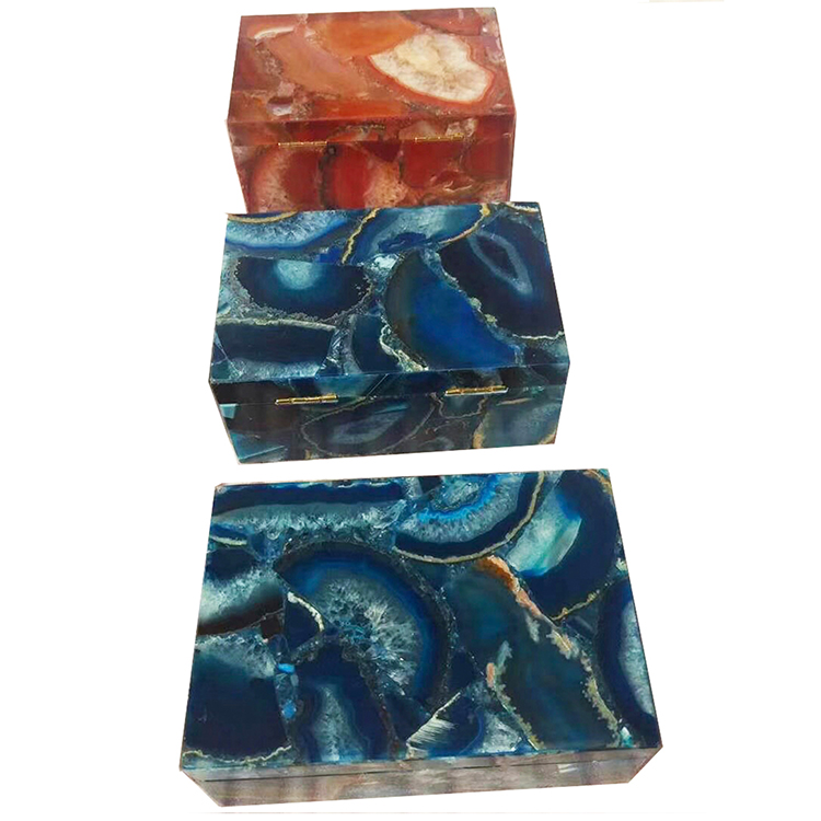 قدرتي چائنا اگيٽ سائيز 14 * 8 انچ نيري ڳاڙهي رنگ جي هٿ سان ٺهيل زيور باڪس گيمسٽون 14