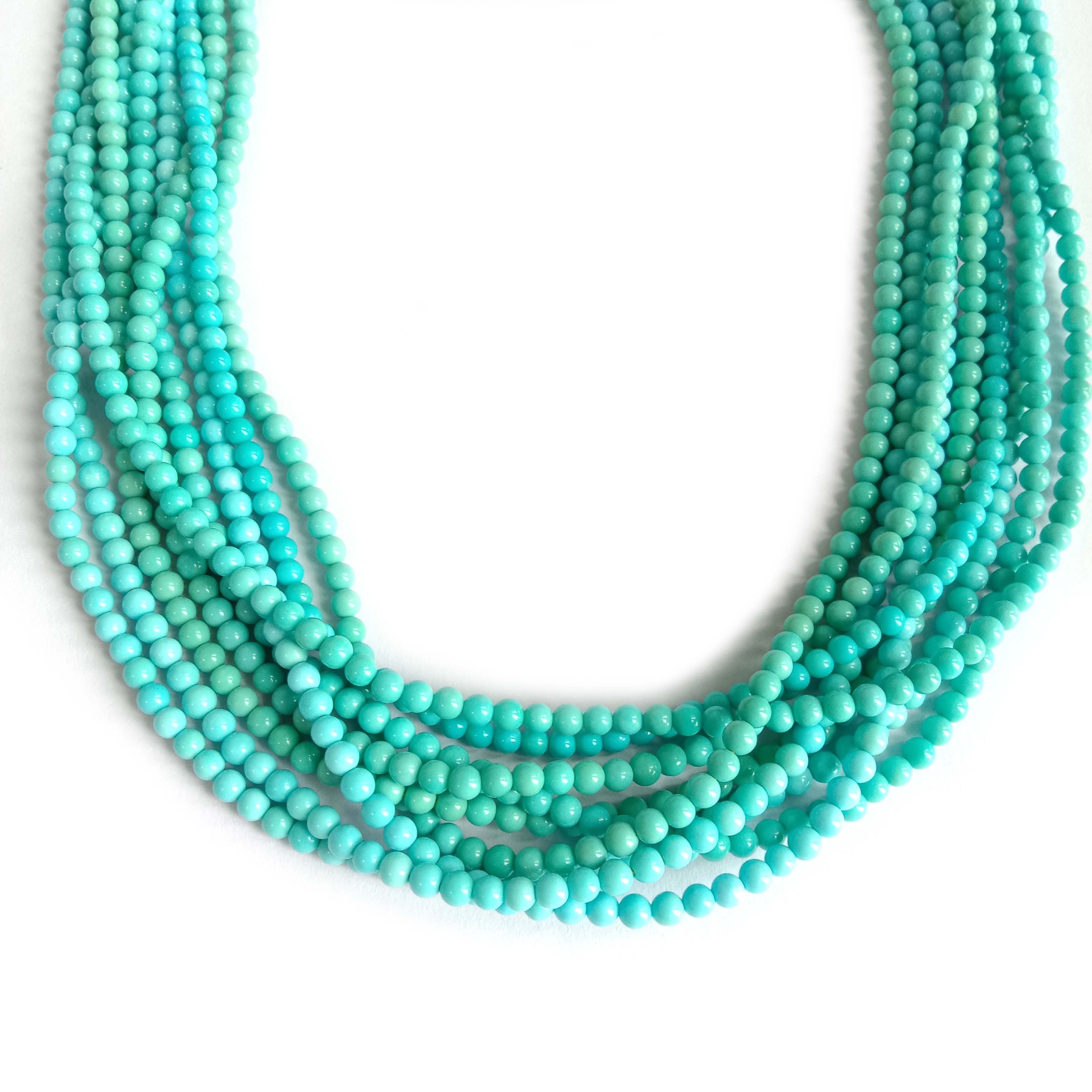 3-4mm turquoise dabiici ah oo dabacsan AAA tayada buluuga ah turquoise wareegsan, kuul yar yar 16 inch dahab xadhig dheer 18