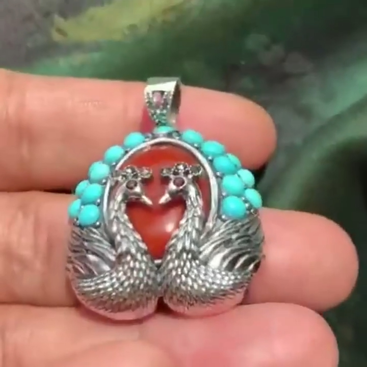 Peacock Jade stone Pendant Carved Lan Hong Jade Link, Amulet Mythical Animals Necklace Pendant Jewerly 10