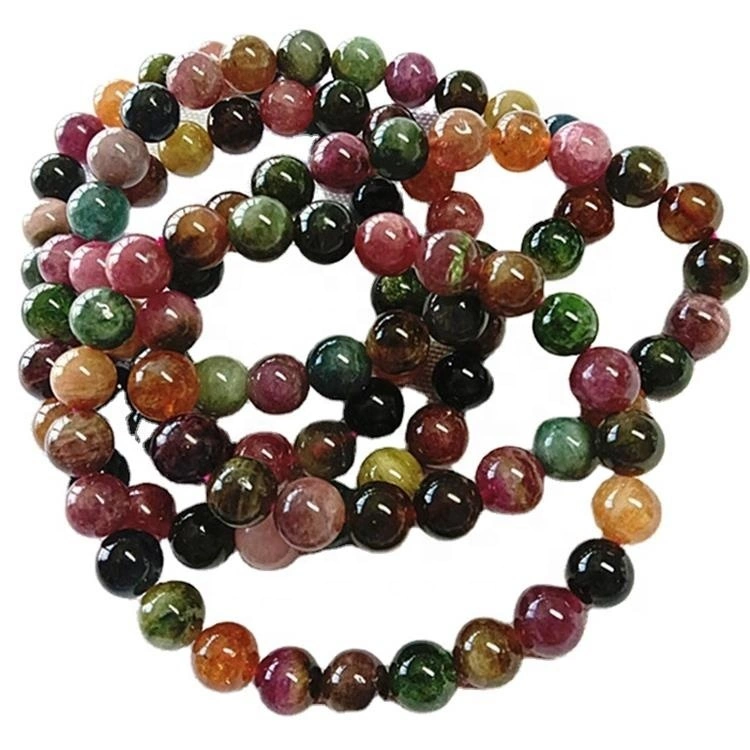 Natural Tourmaline3amixed litur umferð lögun perlur slétt og gult gemstone armband 1