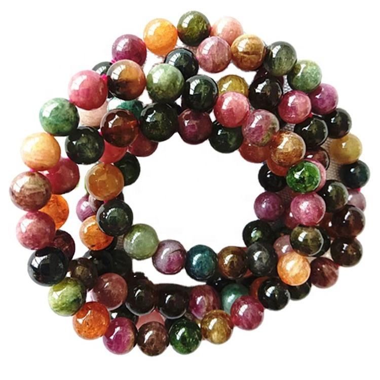 Natuurlike TourMaline3Amixed kleur ronde vorm krale glad en geel edelsteen armband 11