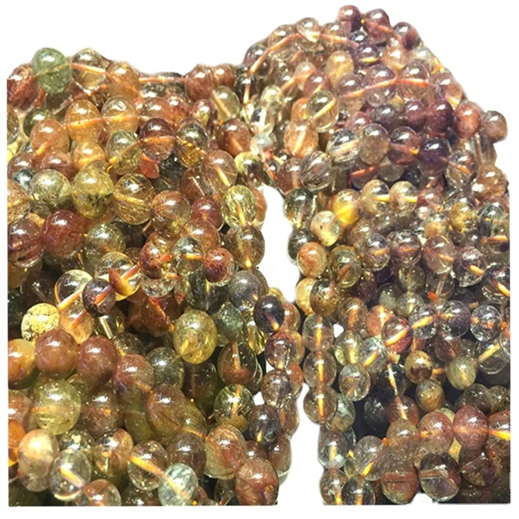 Színes Rutilated kvarc kerek sima kő gyöngyök természetes karkötő szabható aranyozott / ezüst karkötő 9