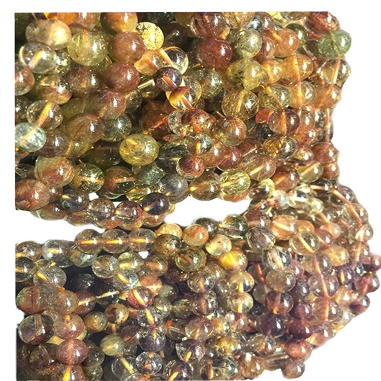 Színes Rutilated kvarc kerek sima kő gyöngyök természetes karkötő szabható aranyozott / ezüst karkötő 11
