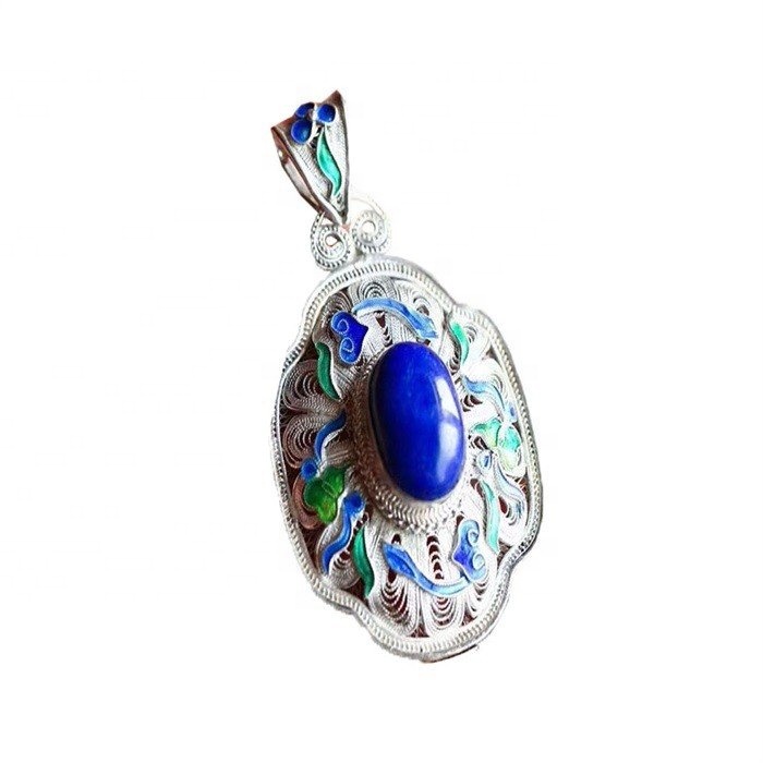 Elegant Blå Lapis Gemstone Oval Anheng Kvinne Sterling Sølvsmykker 7