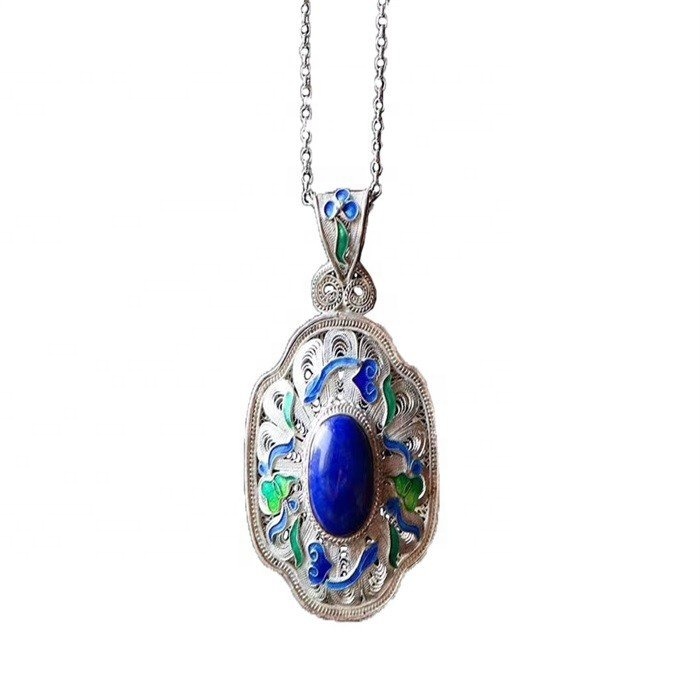 Elegant Blå Lapis Gemstone Oval Anheng Kvinne Sterling Sølvsmykker 9