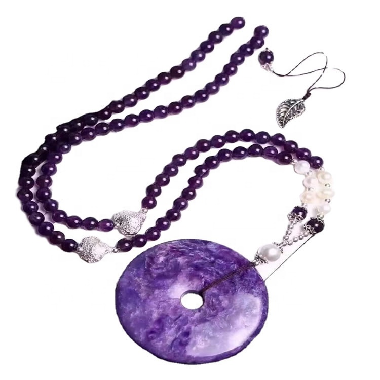 100% Naturlig Lilla Charoite Anheng Halskjede Smykker 32