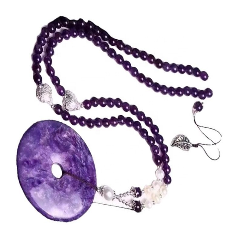100% Naturlig Lilla Charoite Anheng Halskjede Smykker 34