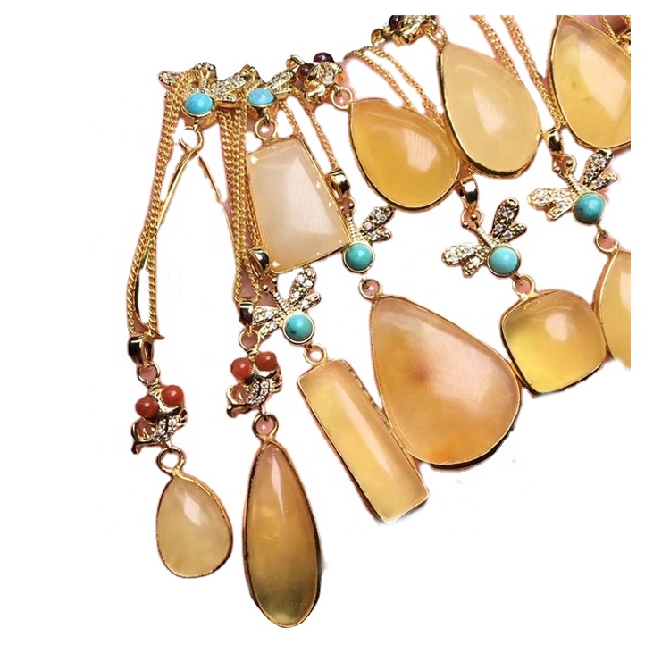 Naturlig Amber Pendant Drop Tear Cabochon Glatt Gult Gull på kjede 9