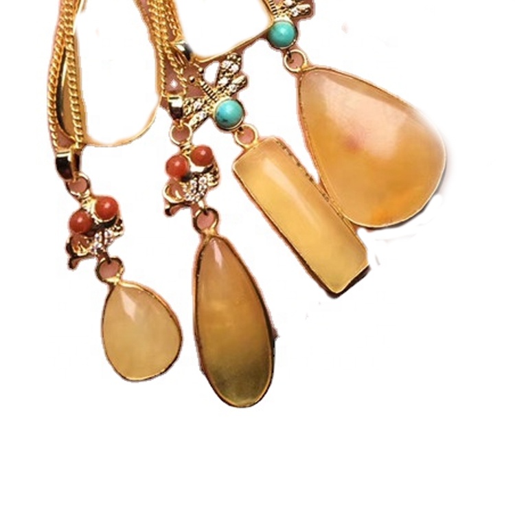 Naturlig Amber Pendant Drop Tear Cabochon Glatt Gult Gull på kjede 10