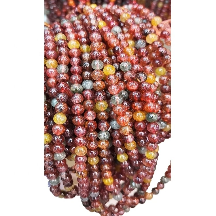 រ៉ែថ្មខៀវ rutilated Rainbow MOONSTONE Crystal Bracelet Round Beads Beaded Bracelet គ្រឿងអលង្ការធ្វើដោយដៃ 1