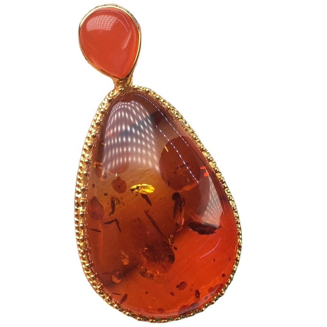 Cherry red amber pendant.Baltic amber pendant with gold filigree.Round red amber necklace 1