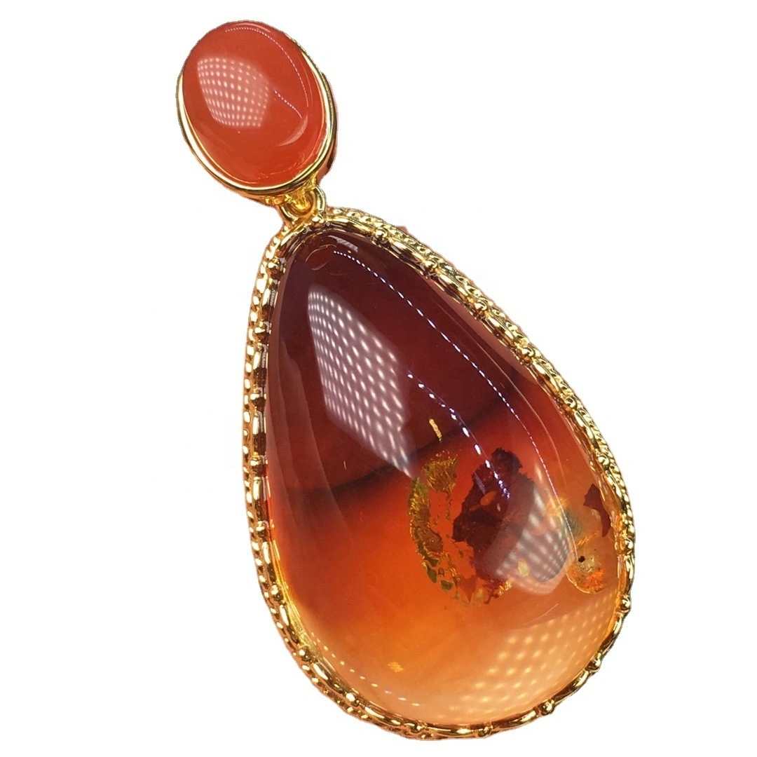 Red amber teardrop pendant / Classic drop gemstone pendant /Gold plated elegant ladies gift 1