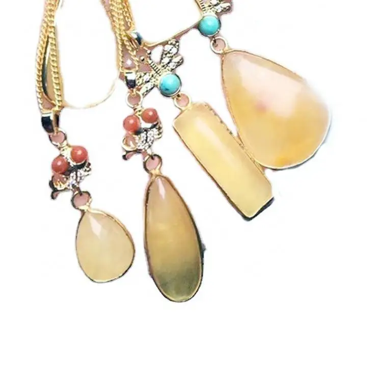 Natural Amber Pendant Drop Tear Cabochon Smooth Yellow Gold on Chain 1