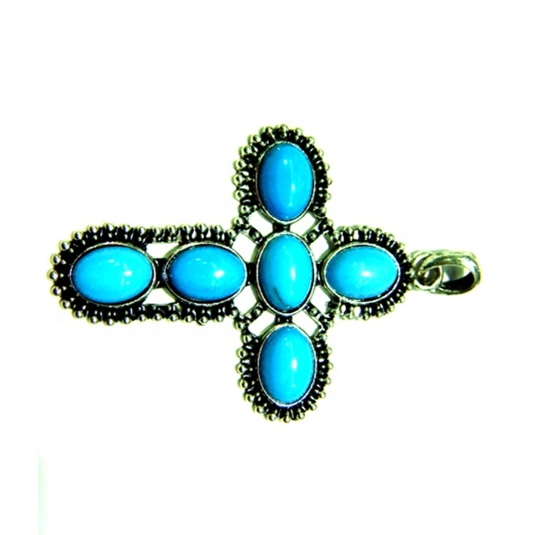 Turquoise nke America na-acha anụnụ anụnụ na-acha anụnụ anụnụ nwere ihe ịchọ mma pendant ọla ọcha 1