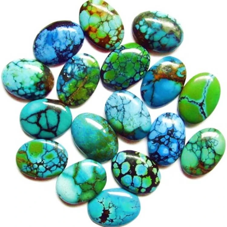Natūralūs Spiderweb-Kingman turquoise 9x11mm ovalūs kabošonai/ parduodami atskirai 1