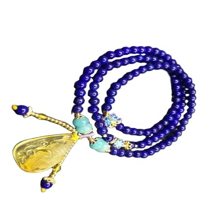 100% Natürliche Lapislazuli Runde Perlen + Bernstein Anhänger Halskette Schmuck 1
