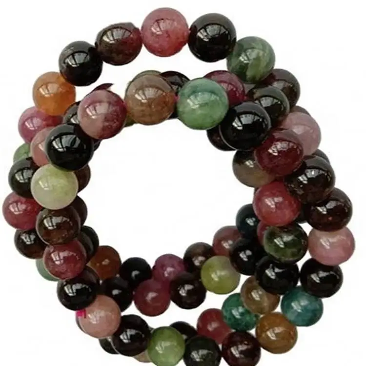 Heppinn náttúrulegur litríkur Tourmaline Armband Round Perlur Gemstone Skartgripir 1