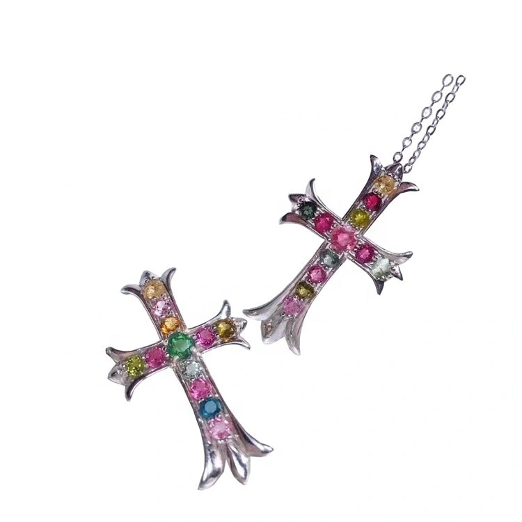 Lady Grace Chain Strand Asli Multicolor Tourmaline Cross Necklace Charming Loket Kalung Barang Kemas 1